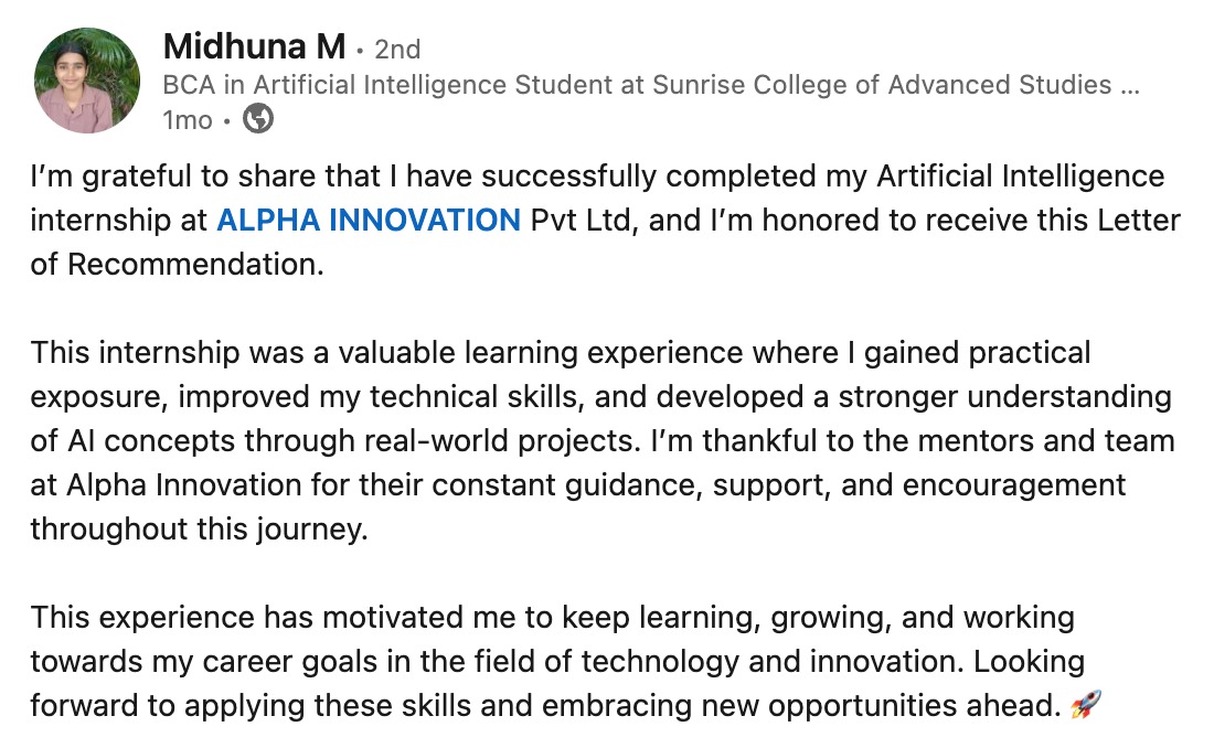 A. Sumisha Reddy LinkedIn post