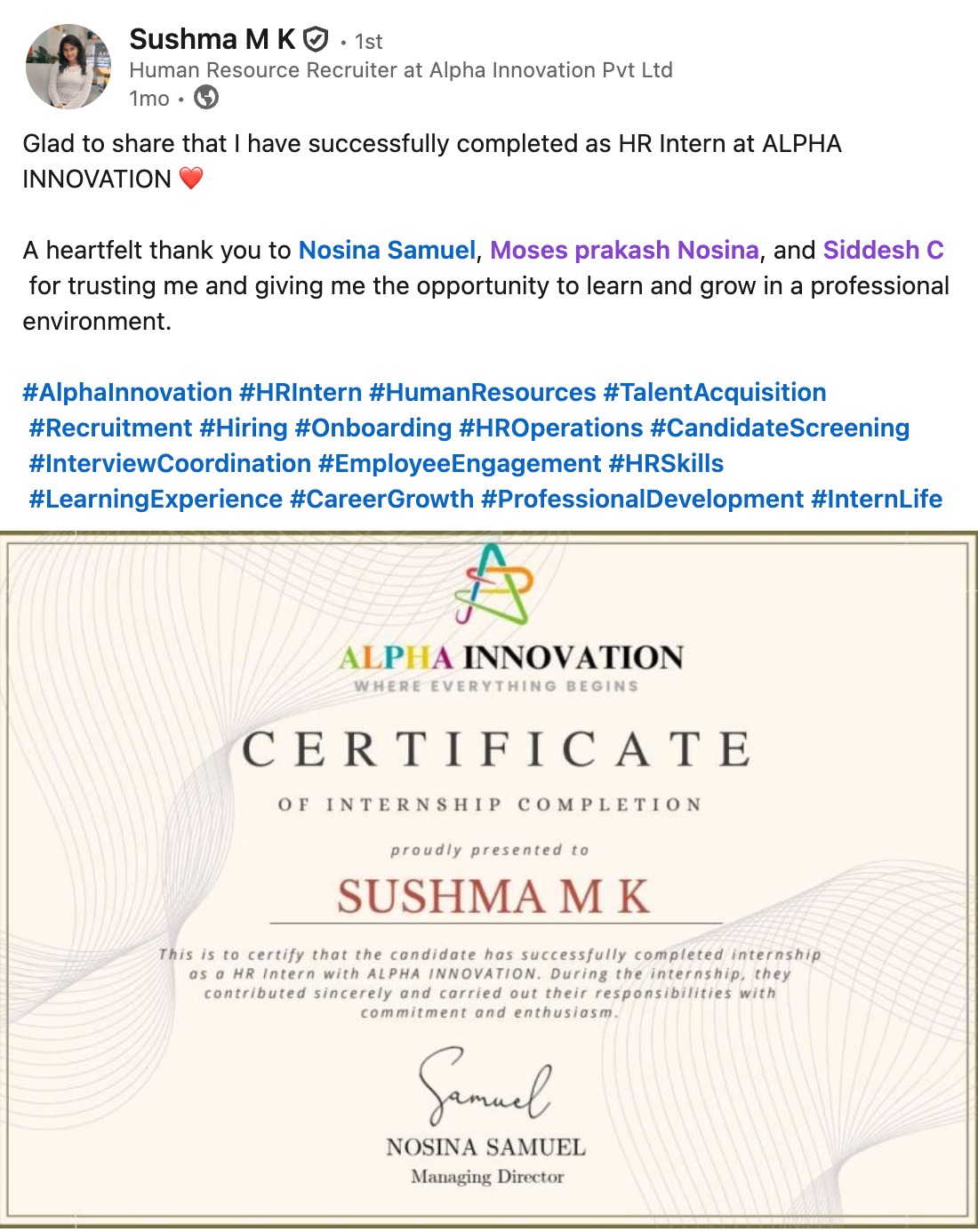 Sushma M K LinkedIn post